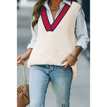 Viottiset Women's Oversized Sweater Vest V Neck Tunic Sleeveless Pullover Knit Top Apricot Red M