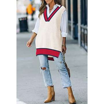 Viottiset Women's Oversized Sweater Vest V Neck Tunic Sleeveless Pullover Knit Top Apricot Red M