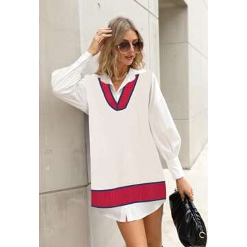 Viottiset Women's Oversized Sweater Vest V Neck Tunic Sleeveless Pullover Knit Top Apricot Red M