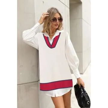 Viottiset Women's Oversized Sweater Vest V Neck Tunic Sleeveless Pullover Knit Top Apricot Red M