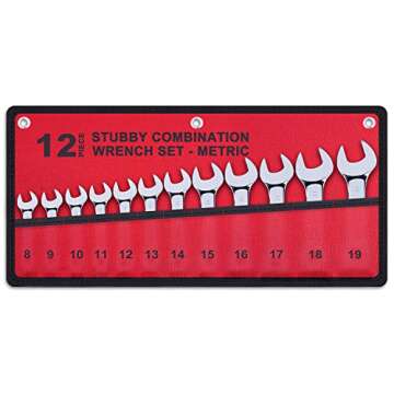 Premium Stubby Combination Wrench Set with Roll-up Pouch, 12-Piece, Metric, 8mm to 19mm, No Skipped Size | Cr-V Steel, Mirror Polished Finish | Short Length and Slim Body, Perfect for Confined Areas