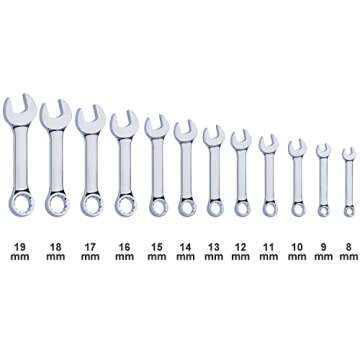 Premium Stubby Combination Wrench Set with Roll-up Pouch, 12-Piece, Metric, 8mm to 19mm, No Skipped Size | Cr-V Steel, Mirror Polished Finish | Short Length and Slim Body, Perfect for Confined Areas