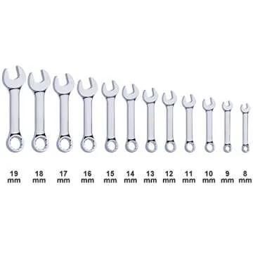 Premium Stubby Combination Wrench Set with Roll-up Pouch, 12-Piece, Metric, 8mm to 19mm, No Skipped Size | Cr-V Steel, Mirror Polished Finish | Short Length and Slim Body, Perfect for Confined Areas