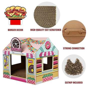 SEKAM Cardboard Cat House with Scratcher/Catnip,(16.5''x12''x15'') Kitty Donut Shop for Indoor/Outdoor Cats,Cat Play House&Home Decor,Cat Scratch Toy for Cat Birthday,Hideout for Bunny Small Animals