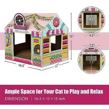SEKAM Cardboard Cat House with Scratcher/Catnip,(16.5''x12''x15'') Kitty Donut Shop for Indoor/Outdoor Cats,Cat Play House&Home Decor,Cat Scratch Toy for Cat Birthday,Hideout for Bunny Small Animals