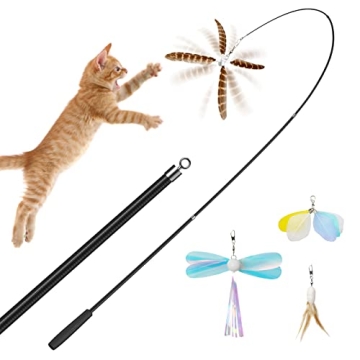 uahpet Natural Feather Cat Toys for Indoor Cats Retractable Kitten Wand 60inch Safe Hunting Distance...