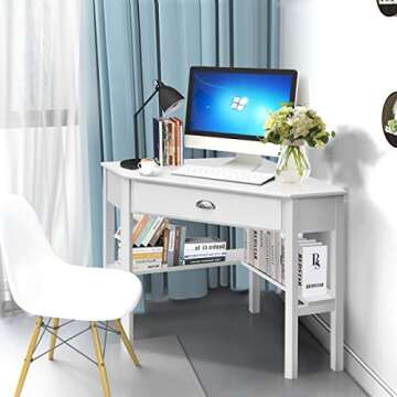 Tangkula White Corner Desk with Drawer, Storage Shelves for Computer, Makeup Vanity Desk for Small S...