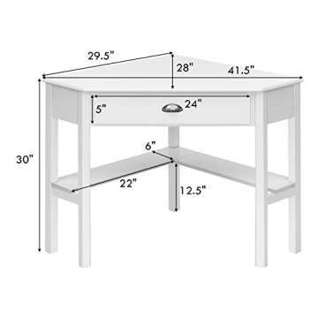 Tangkula White Corner Desk with Drawer, Storage Shelves for Computer, Makeup Vanity Desk for Small Space, 90 Degrees Triangle Desk