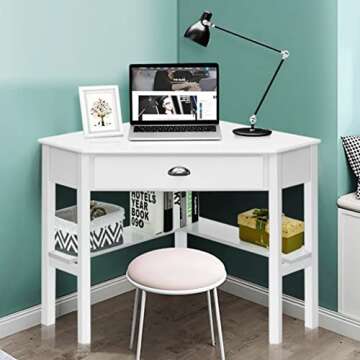 Tangkula White Corner Desk with Drawer, Storage Shelves for Computer, Makeup Vanity Desk for Small Space, 90 Degrees Triangle Desk