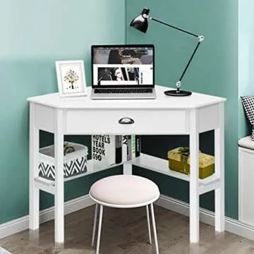 Tangkula White Corner Desk with Drawer for Small Spaces