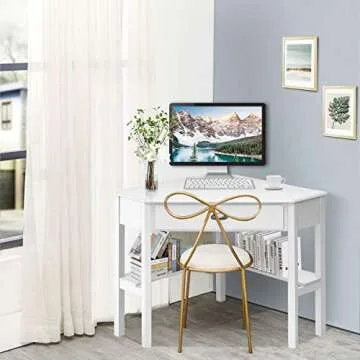 Tangkula White Corner Desk with Drawer for Small Spaces