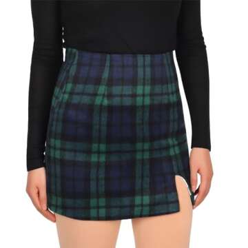 Ibeauti Women's High Waist Plaid Skirt Side Split Bodycon Pencil Mini Skirt (US, Alpha, Large, Regular, Regular, Plaid Deep Green)
