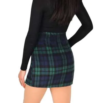 Ibeauti Women's High Waist Plaid Skirt Side Split Bodycon Pencil Mini Skirt (US, Alpha, Large, Regular, Regular, Plaid Deep Green)