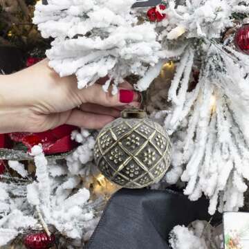 AuldHome Design Farmhouse Ball Ornaments (Set of 6, Antique Gold); Distressed Metal Glass Ball Vintage Style Christmas Decorations