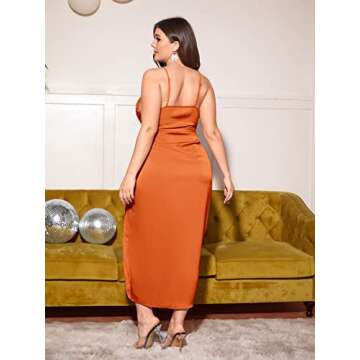Floerns Women's Plus Size Satin Spaghetti Strap Cowl Neck Wrap Party Cami Dress Burnt Orange 1XL