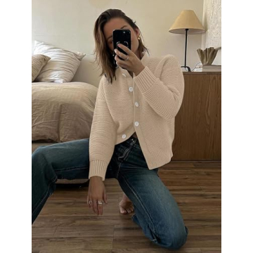 Caracilia Cardigan Sweaters for Women Cropped Open Front Tweed Knit Button Down Dressy Casual Jacket 2025 Spring Outwear Apricot Large