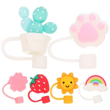 6 Pcs Straw Cap Covers Silicone Straw Tips Cover Lovely Cartoon Reusable Drinking Straw Stoppers - P...