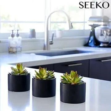 Succulents Plants Artificial in Ceramic Pots (3 Pack) - Realistic Fake Succulents for Modern Home Decor & Black Bathroom Decor (Black)