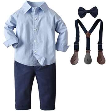 Baby Boys Dress Clothes, Toddlers Boys Long Sleeves Button Down Plaid Dress Shirt with Bowtie + Susp...