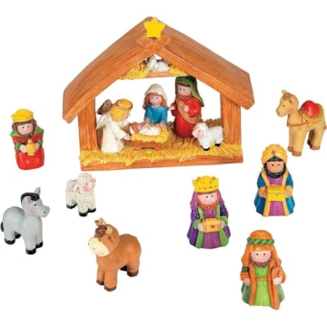 Fun Express Mini Christmas Nativity Set Stable with Jesus Mary Joseph Wisemen - 9 Pieces Red, Blue, ...