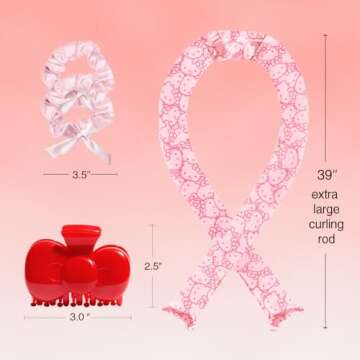 Hello Kitty x Kitsch XL Satin Heatless Curling Set- Hair Curler To Sleep In for Frizz-Free, Soft Curls | Comes with Bow Shape Design Hair Claw and Satin Scrunchies, 4Pc Set