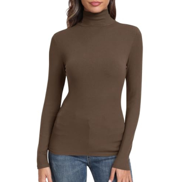 GEMBERA Womens Long Sleeve Mock Turtle Neck Basic Slim Fitted Ribbed Knit Tops Tee Shirts - Perfect ...