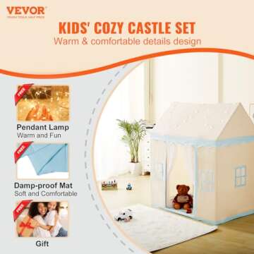 VEVOR Kids Play Tent, Kids Tent for Kids 3-5 Years Old, Tent for Kids with Windows for Indoor and Outdoor, Toddler Tent with Mat and Tent Lamp, Play House Castle Tent for Boys and Girls, Beige