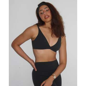 INGIA Womens Deep V-Neck Sports Bra Padded Low Impact Fitness Yoga Bra U Back Wireless Workout Bra Contour Crop Top Black Medium