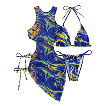 Sexy Blue Floral Print 3-Piece Swimsuits for Women - Padded Bikini Set with Mesh Cover Up