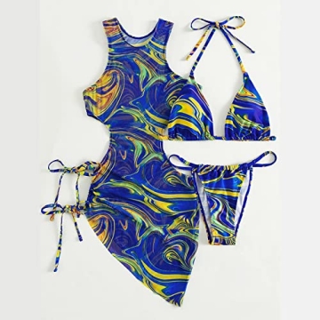 Sexy Blue Floral Print 3-Piece Swimsuits Women Padded Bikini