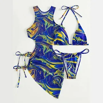 Sexy Blue Floral Print 3-Piece Swimsuits Women Padded Bikini