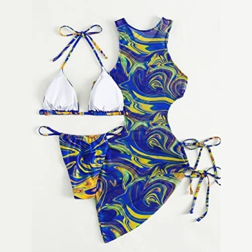 Sexy Blue Floral Print 3-Piece Swimsuits Women Padded Bikini