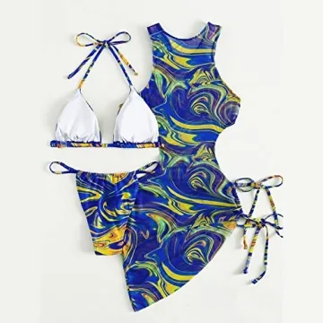 Sexy Blue Floral Print 3-Piece Swimsuits Women Padded Bikini