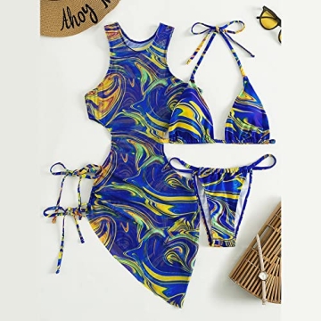 Sexy Blue Floral Print 3-Piece Swimsuits Women Padded Bikini