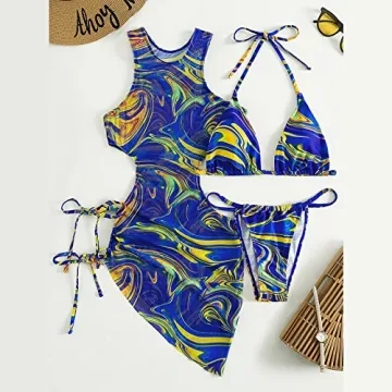 Sexy Blue Floral Print 3-Piece Swimsuits Women Padded Bikini