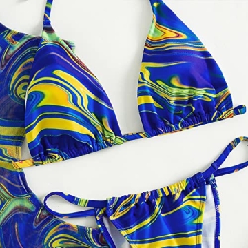 Sexy Blue Floral Print 3-Piece Swimsuits Women Padded Bikini