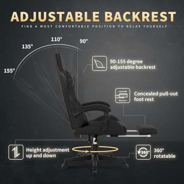 Gaming Chair,Computer Chair with Footrest and Lumbar Support,Breathable PU Leather,4D Lumbar Support and Headrest,360 Degree Swivel Chair with Adjustable Ergonomic Backrest for Adults-Black