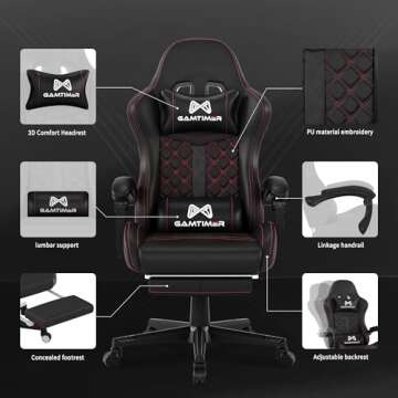 Gaming Chair,Computer Chair with Footrest and Lumbar Support,Breathable PU Leather,4D Lumbar Support and Headrest,360 Degree Swivel Chair with Adjustable Ergonomic Backrest for Adults-Black