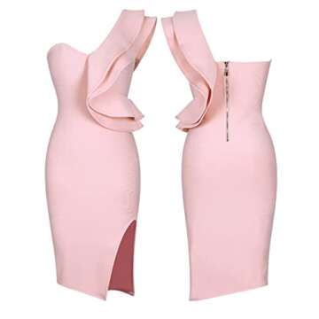 UONBOX Women's One Shoulder Sleeveless Knee Length Side Split Fashion Bandage Dress (M, Apricot)