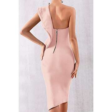 UONBOX Women's One Shoulder Sleeveless Knee Length Side Split Fashion Bandage Dress (M, Apricot)