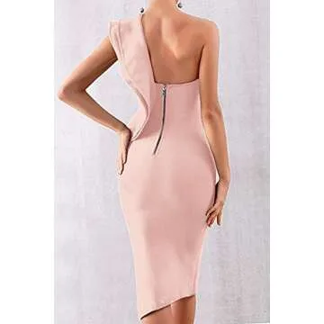 UONBOX Women's One Shoulder Sleeveless Knee Length Side Split Fashion Bandage Dress (M, Apricot)