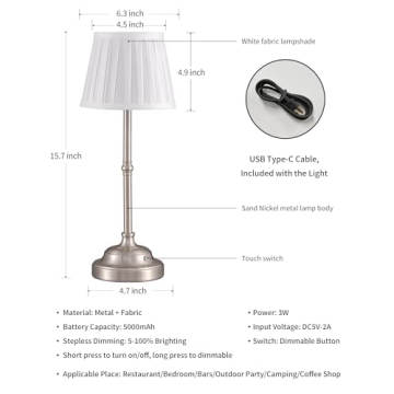 KDG Cordless LED Table Lamp Set of 2, Rechargeable & Dimmable