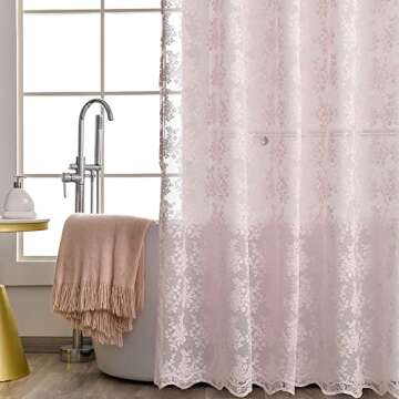 Pink Lace Vintage Shower Curtain with Attached Valance, Floral Lace Curtain for Bathroom, Farmhouse ...