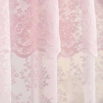 Pink Lace Vintage Shower Curtain with Attached Valance, Floral Lace Curtain for Bathroom, Farmhouse Style Shabby Chic Shower Curtain Scalloped Edge, 72 x 72 Inch, 1 Panel