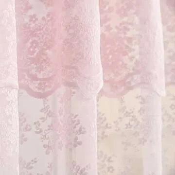 Pink Lace Vintage Shower Curtain with Attached Valance, Floral Lace Curtain for Bathroom, Farmhouse Style Shabby Chic Shower Curtain Scalloped Edge, 72 x 72 Inch, 1 Panel