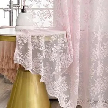 Pink Lace Vintage Shower Curtain with Attached Valance, Floral Lace Curtain for Bathroom, Farmhouse Style Shabby Chic Shower Curtain Scalloped Edge, 72 x 72 Inch, 1 Panel