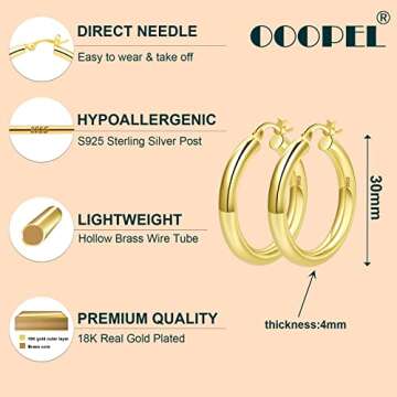 4mm Thick Gold Chunky Earrings Steling Silver Post Hoops Earrings For Women Hollow Tube Hoops Earrings Thick Gold Hoop Earrings Hypoallergenic Lightweight Gold Hoop Large Earrings 20/30/40/50/60MM