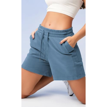 ODODOS Women's Sweat Shorts 5" Cotton French Terry High Waist Workout Casual Lounge Shorts with Pockets, Steel Blue, Medium