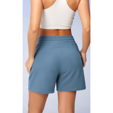 ODODOS Women's Sweat Shorts 5" Cotton French Terry High Waist Workout Casual Lounge Shorts with Pockets, Steel Blue, Medium