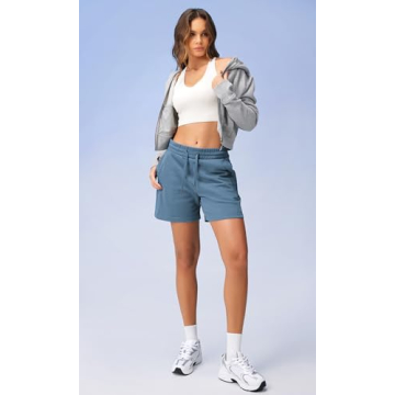 ODODOS Women's Sweat Shorts 5" Cotton French Terry High Waist Workout Casual Lounge Shorts with Pockets, Steel Blue, Medium